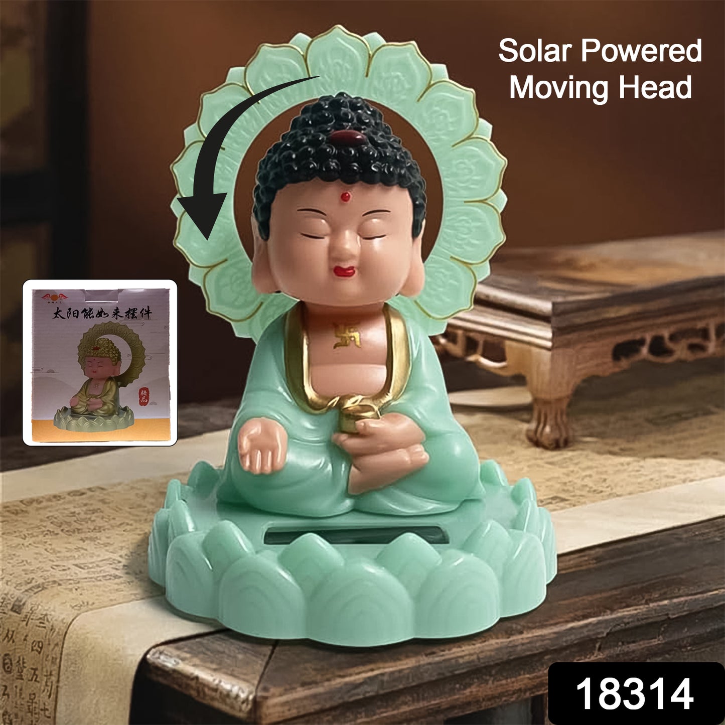 Plastic Solar Powered Moving Head Sitting Action Buddha Statue (1 Pc)